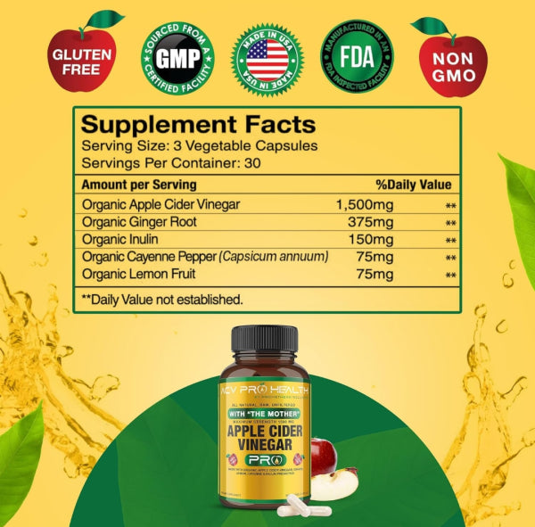 ACV Pro Apple Cider Vinegar Capsules Certified Organic with Mother ACV Pills Detox Cleanse Acid Reflux Relief Support Supplement Ginger Root Cayenne Pepper Powder 90 capsules