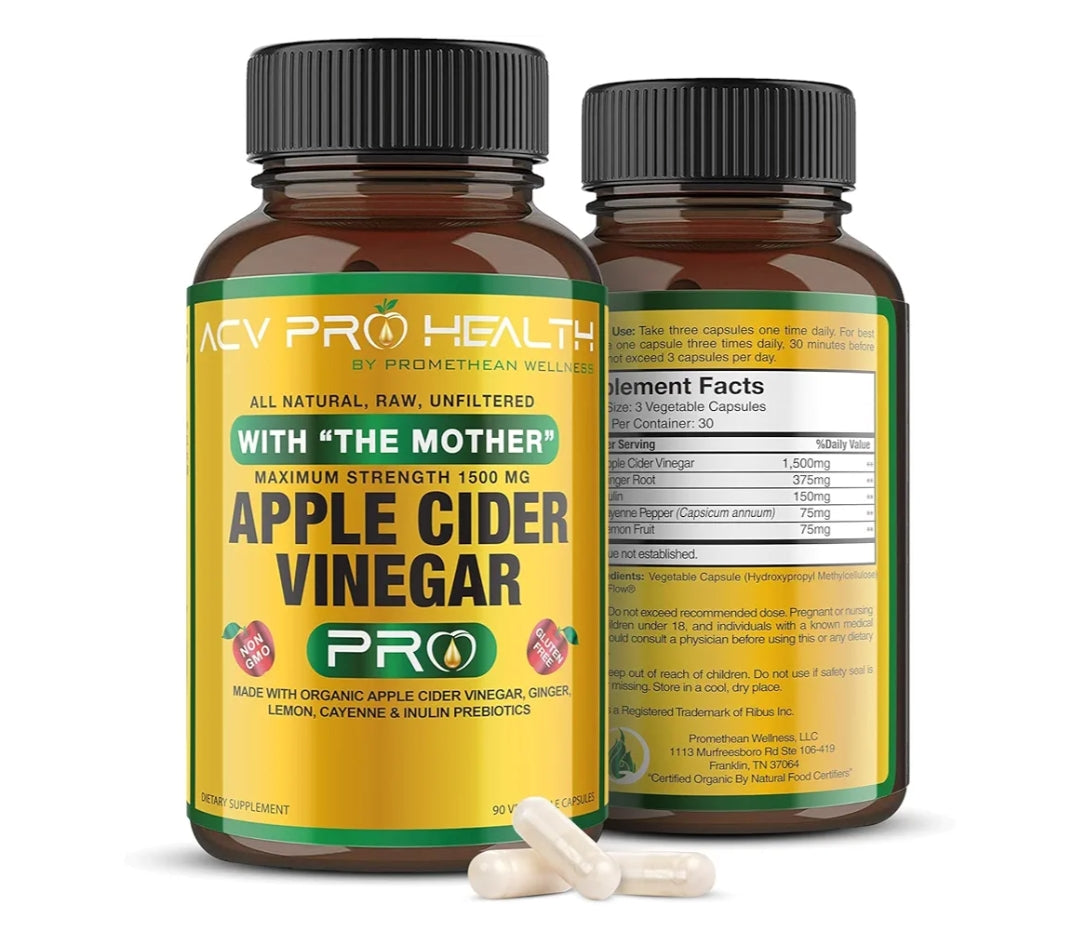 ACV Pro Apple Cider Vinegar Capsules Certified Organic with Mother ACV Pills Detox Cleanse Acid Reflux Relief Support Supplement Ginger Root Cayenne Pepper Powder 90 capsules