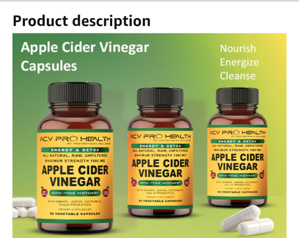 ACV Pro Apple Cider Vinegar Capsules Certified Organic with Mother ACV Pills Detox Cleanse Acid Reflux Relief Support Supplement Ginger Root Cayenne Pepper Powder 90 capsules
