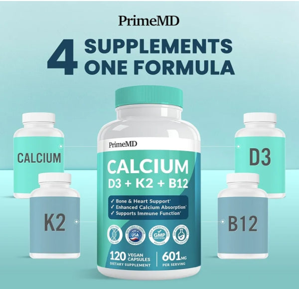 4-in-1 Calcium Supplements for Women and Men – Calcium 600mg with Vitamin D3 K2 5000 IU Supplement for Heart, Bone and Body Defenses – Gluten-Free, Vegan-Friendly (120 ct)